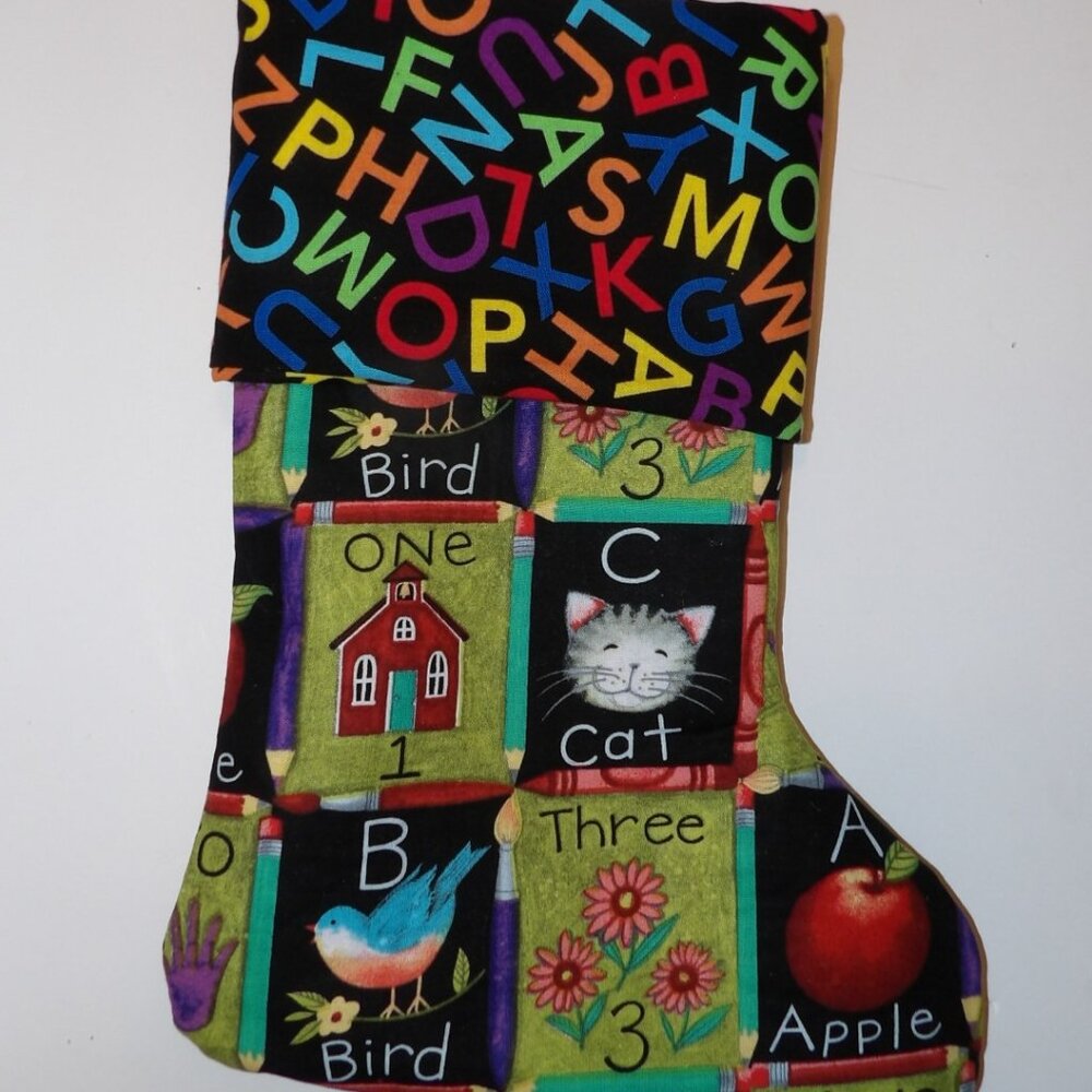 ABC's & 123's 14" Hand Crafted Christmas Stocking Red & White Ribbon to Hang